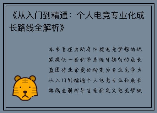 《从入门到精通：个人电竞专业化成长路线全解析》